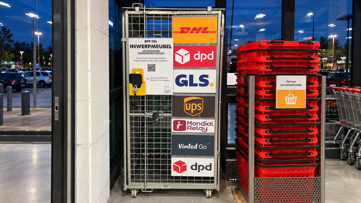 Het inwerpmeubel van BPP in Boon’s Markt in Buren: een rolcontainer van gaas met de logo’s van de vervoerders en het bord met de uitleg, naast de stapel winkelmandjes.